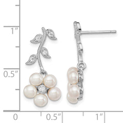 Rhodium-plated Sterling Silver White FWC Pearl CZ Flower Post Earrings