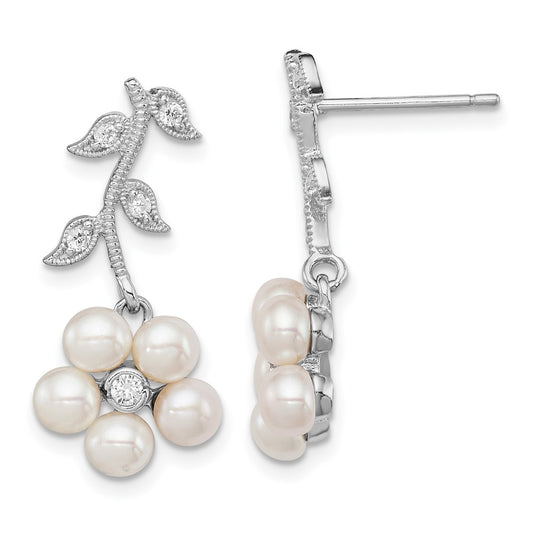 Rhodium-plated Sterling Silver White FWC Pearl CZ Flower Post Earrings