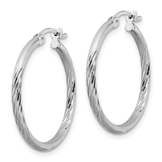 Rhodium-plated Sterling Silver 2mm Polished Satin Diamond-cut Hoop Earrings