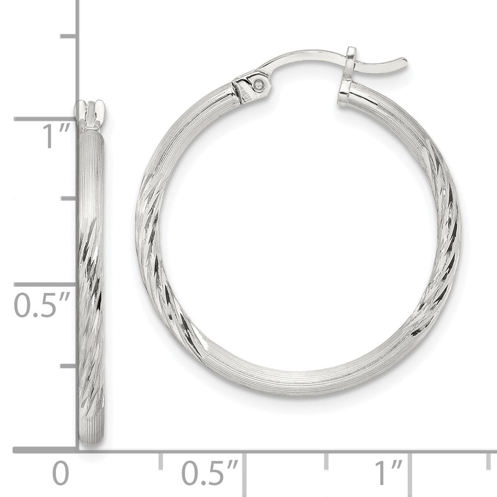 Sterling Silver 2mm Polished Satin Diamond-cut Hoop Earrings