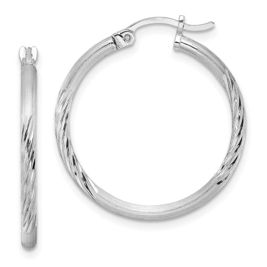 Rhodium-plated Sterling Silver 2mm Polished Satin Diamond-cut Hoop Earrings