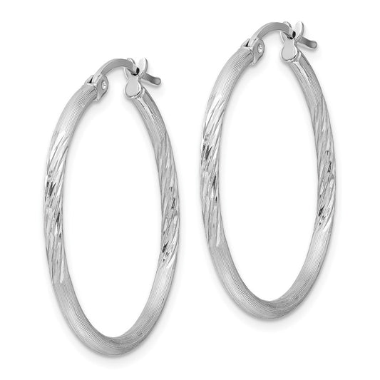 Rhodium-plated Sterling Silver 2mm Polished Satin Diamond-cut Hoop Earrings