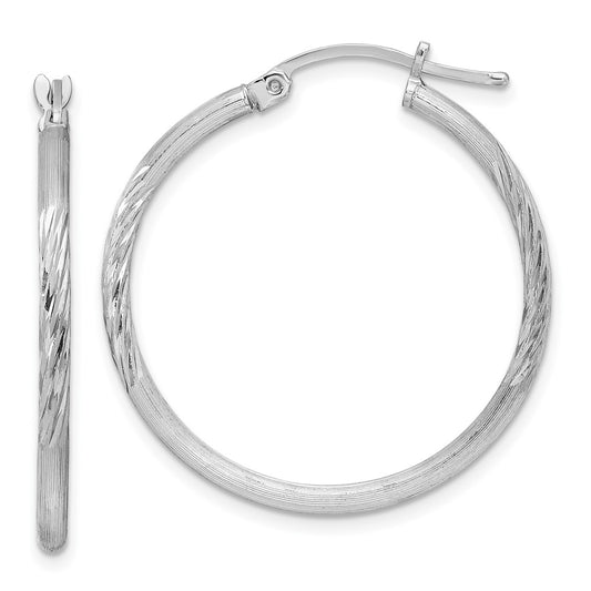 Rhodium-plated Sterling Silver 2mm Polished Satin Diamond-cut Hoop Earrings