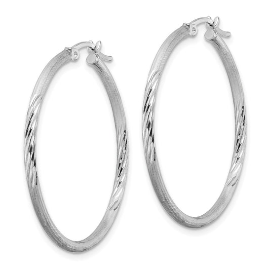 Rhodium-plated Sterling Silver 2mm Polished Satin Diamond-cut Hoop Earrings