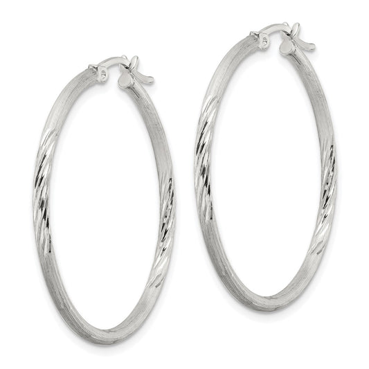 Sterling Silver 2mm Polished Satin Diamond-cut Hoop Earrings