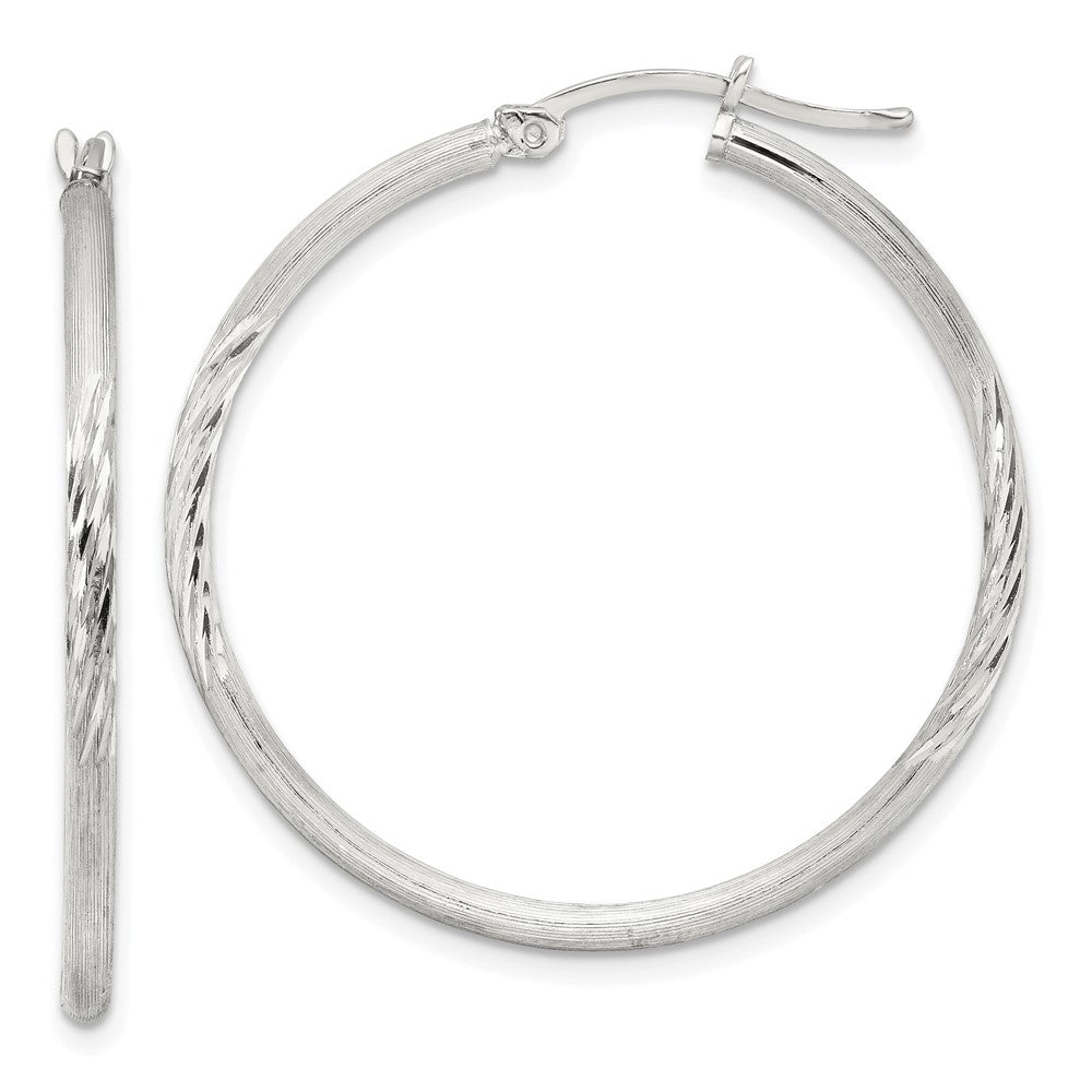 Sterling Silver 2mm Polished Satin Diamond-cut Hoop Earrings