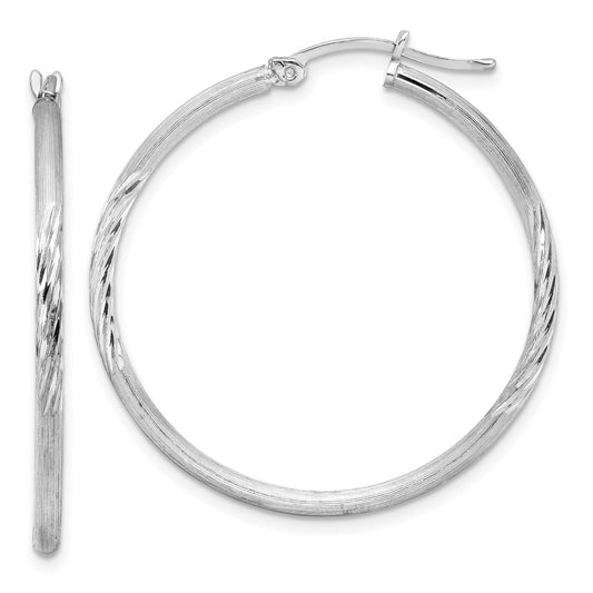 Rhodium-plated Sterling Silver 2mm Polished Satin Diamond-cut Hoop Earrings