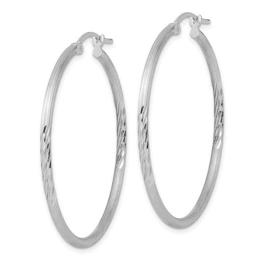 Rhodium-plated Sterling Silver 2mm Polished Satin Diamond-cut Hoop Earrings