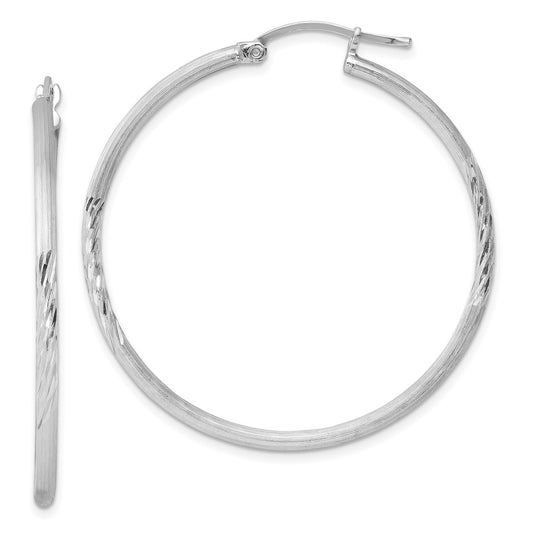 Rhodium-plated Sterling Silver 2mm Polished Satin Diamond-cut Hoop Earrings