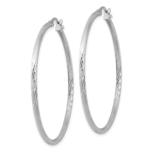 Rhodium-plated Sterling Silver 2mm Polished Satin Diamond-cut Hoop Earrings