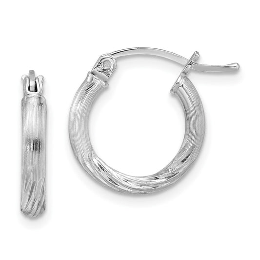 Rhodium-plated Sterling Silver 2.5mm Polished Satin Diamond-cut Hoop Earrings