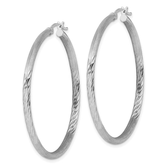 Rhodium-plated Sterling Silver 2.5mm Polished Satin Diamond-cut Hoop Earrings