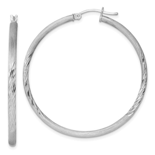 Rhodium-plated Sterling Silver 2.5mm Polished Satin Diamond-cut Hoop Earrings