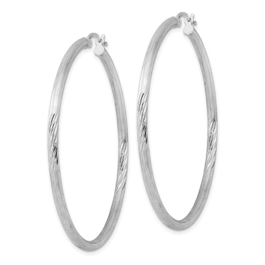 Rhodium-plated Sterling Silver 2.5mm Polished Satin Diamond-cut Hoop Earrings