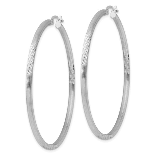 Rhodium-plated Sterling Silver 2.5mm Polished Satin Diamond-cut Hoop Earrings