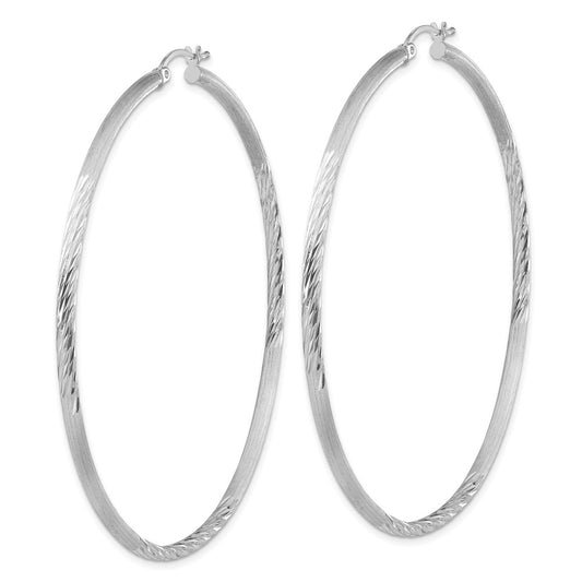 Rhodium-plated Sterling Silver 2.5mm Polished Satin Diamond-cut Hoop Earrings