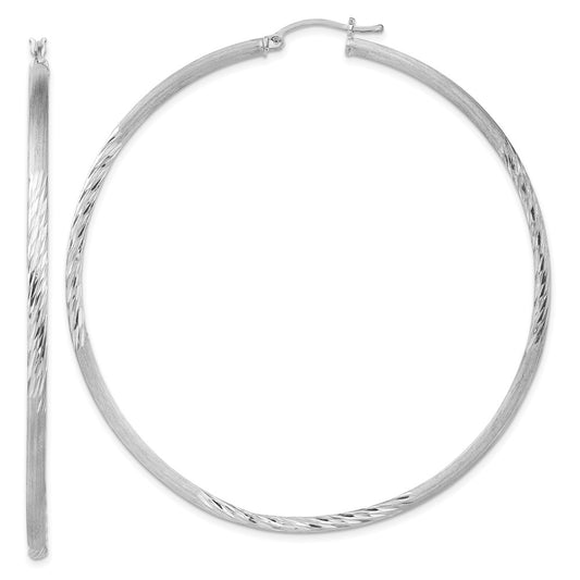 Rhodium-plated Sterling Silver 2.5mm Polished Satin Diamond-cut Hoop Earrings