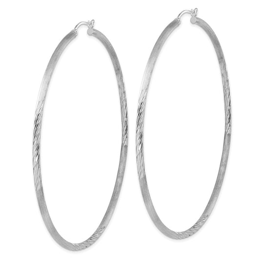 Rhodium-plated Sterling Silver 2.5mm Polished Satin Diamond-cut Hoop Earrings