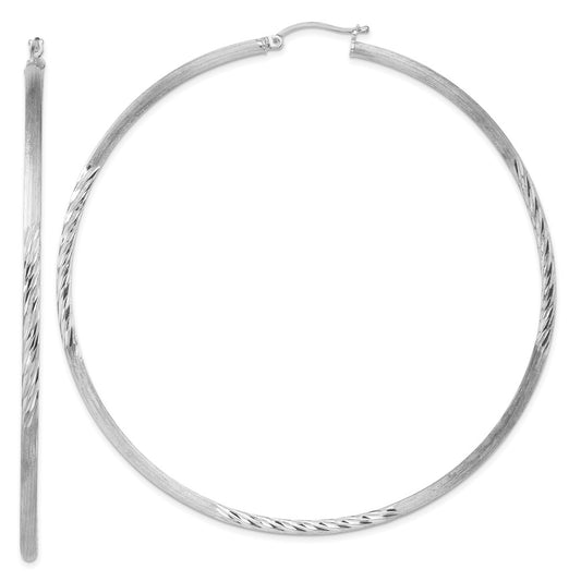 Rhodium-plated Sterling Silver 2.5mm Polished Satin Diamond-cut Hoop Earrings