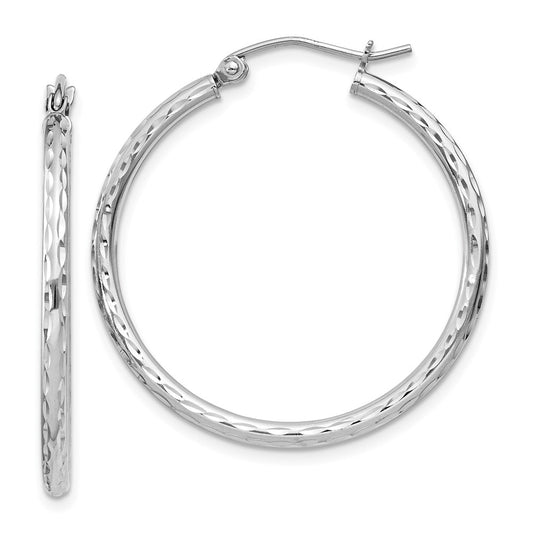 Rhodium-plated Sterling Silver 2mm Diamond-cut Hoop Earrings