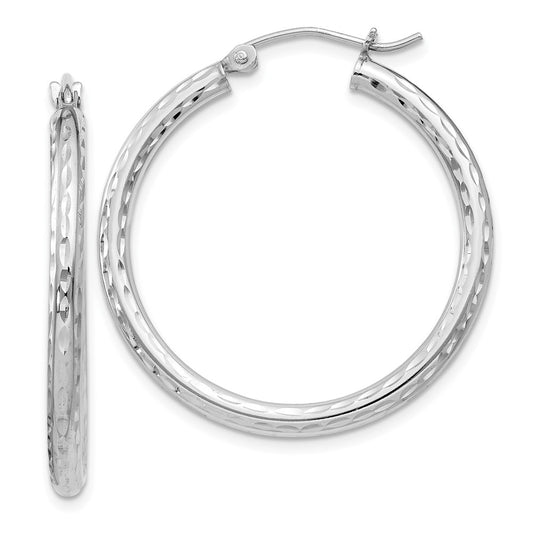 Rhodium-plated Sterling Silver 2.5mm Diamond-cut Hoop Earrings