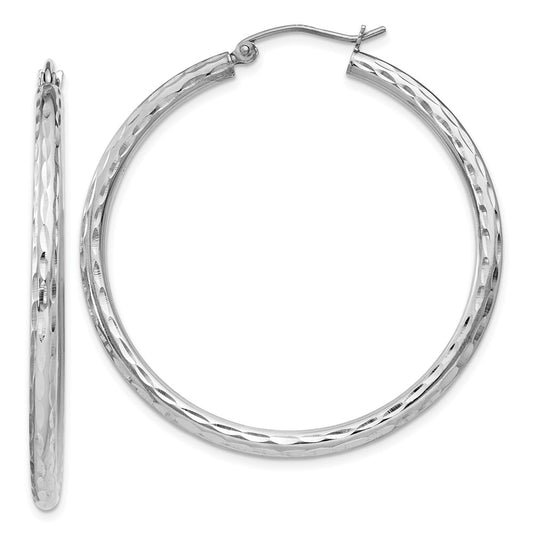 Rhodium-plated Sterling Silver 2.5mm Diamond-cut Hoop Earrings