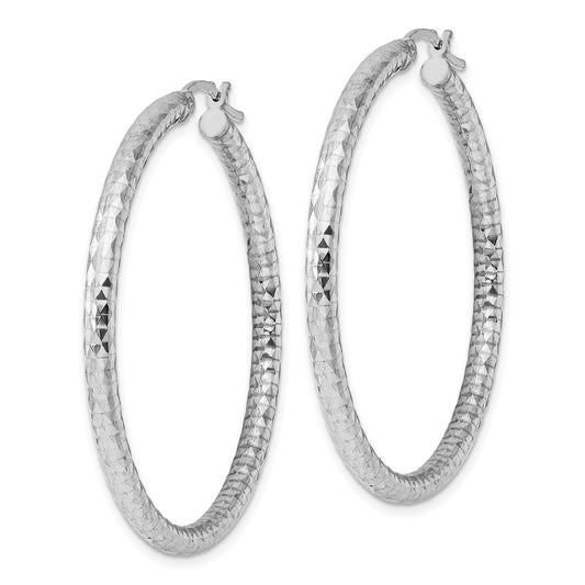 Rhodium-plated Sterling Silver 3.00mm Diamond-cut Hoop Earrings