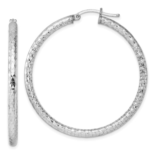 Rhodium-plated Sterling Silver 3.00mm Diamond-cut Hoop Earrings