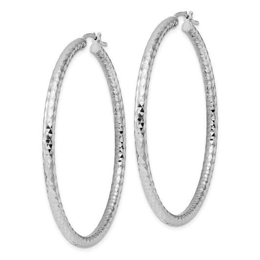 Rhodium-plated Sterling Silver 3.00mm Diamond-cut Hoop Earrings