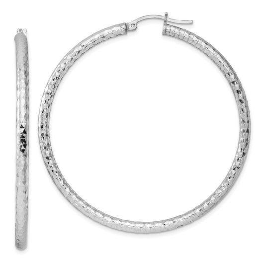 Rhodium-plated Sterling Silver 3.00mm Diamond-cut Hoop Earrings