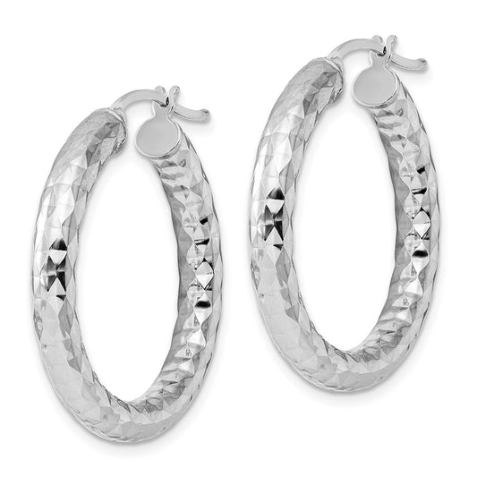 Rhodium-plated Sterling Silver 4.00mm Diamond-cut Hoop Earrings