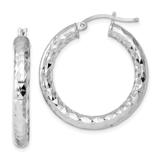 Rhodium-plated Sterling Silver 4.00mm Diamond-cut Hoop Earrings