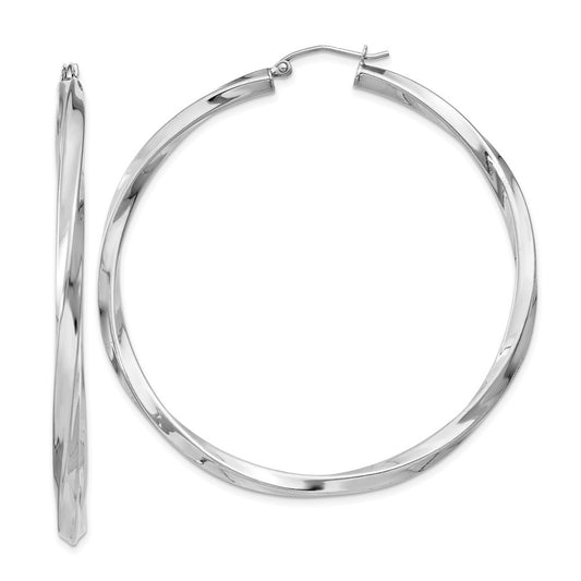 Rhodium-plated Sterling Silver 3x55mmTwisted Hoop Earrings