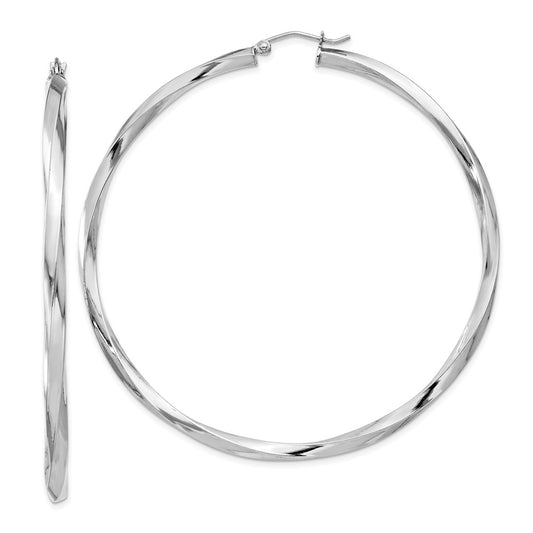 Rhodium-plated Sterling Silver 3x65mmTwisted Hoop Earrings