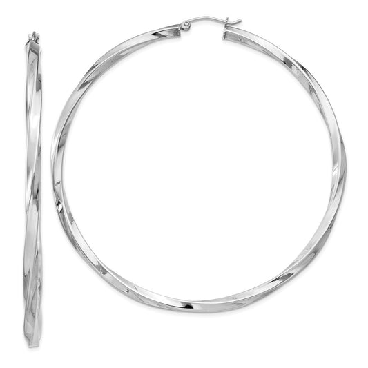 Rhodium-plated Sterling Silver 3x70mmTwisted Hoop Earrings