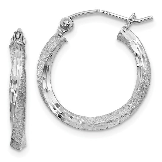 Rhodium-plated Silver Satin Diamond-cut 2.5x18mm Twisted Hoop Earrings