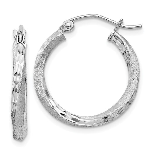 Rhodium-plated Silver Satin Diamond-cut 2.5x20mm Twisted Hoop Earrings