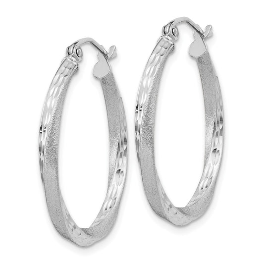 Rhodium-plated Silver Satin Diamond-cut 2.5x25mm Twisted Hoop Earrings