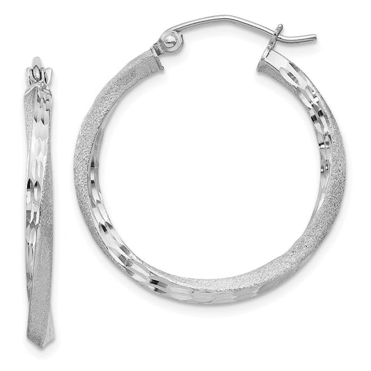 Rhodium-plated Silver Satin Diamond-cut 2.5x25mm Twisted Hoop Earrings