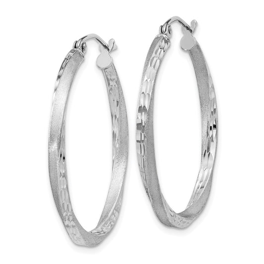 Rhodium-plated Silver Satin Diamond-cut 2.5x30mm Twisted Hoop Earrings