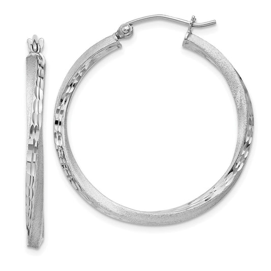 Rhodium-plated Silver Satin Diamond-cut 2.5x30mm Twisted Hoop Earrings