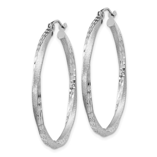 Rhodium-plated Silver Satin Diamond-cut 2.5x35mm Twisted Hoop Earrings