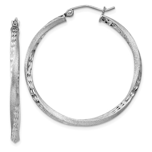 Rhodium-plated Silver Satin Diamond-cut 2.5x35mm Twisted Hoop Earrings