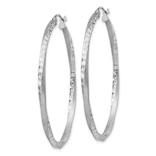 Rhodium-plated Silver Satin Diamond-cut 2.5x45mm Twisted Hoop Earrings