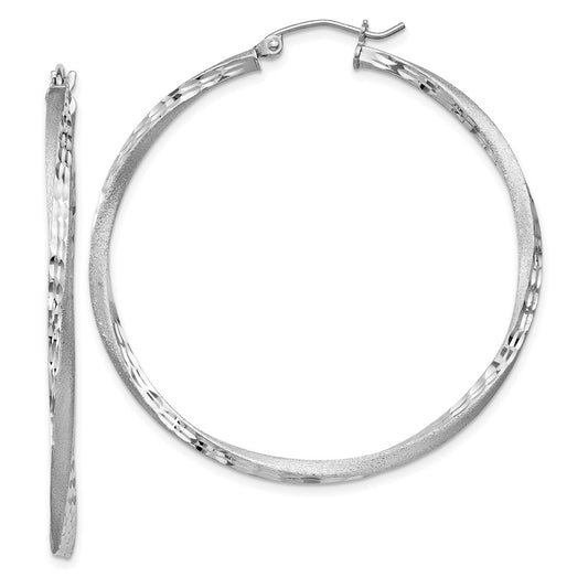 Rhodium-plated Silver Satin Diamond-cut 2.5x45mm Twisted Hoop Earrings