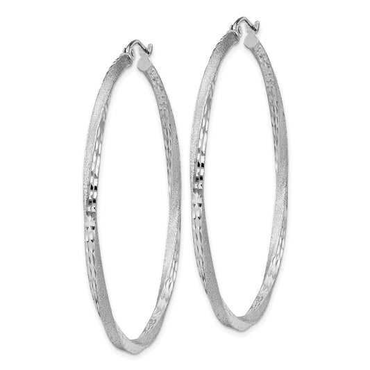 Rhodium-plated Silver Satin Diamond-cut 2.5x50mm Twisted Hoop Earrings