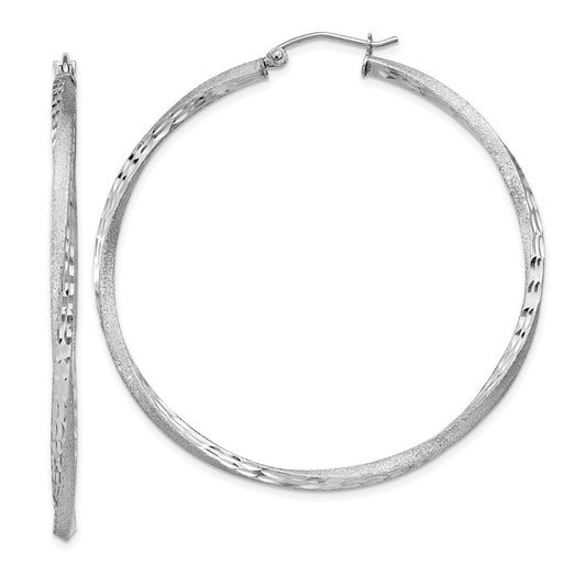 Rhodium-plated Silver Satin Diamond-cut 2.5x50mm Twisted Hoop Earrings