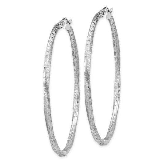 Rhodium-plated Silver Satin Diamond-cut 2.5x55mm Twisted Hoop Earrings