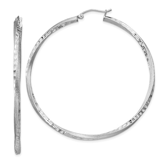 Rhodium-plated Silver Satin Diamond-cut 2.5x55mm Twisted Hoop Earrings