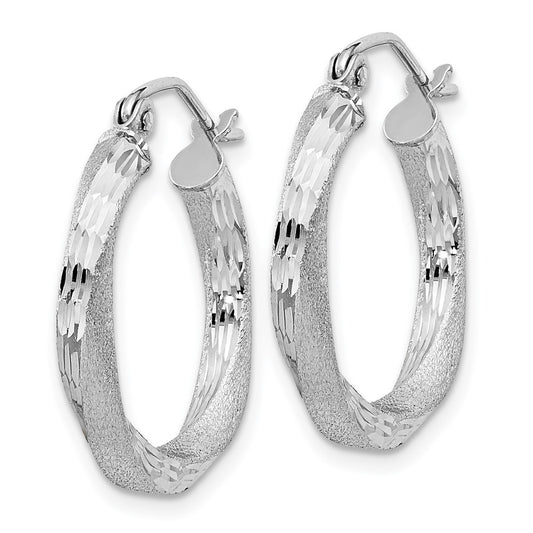 Rhodium-plated Sterling Silver Satin Diamond-cut Twisted 3x20mm Hoop Earrings